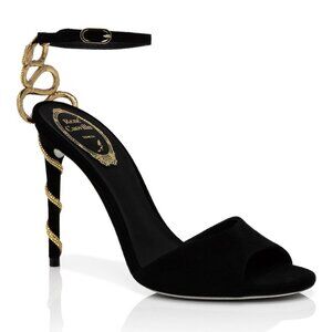 NWT René Caovilla Morgana Sandals Black Suede Leather Snake Rhinestones Sz 41